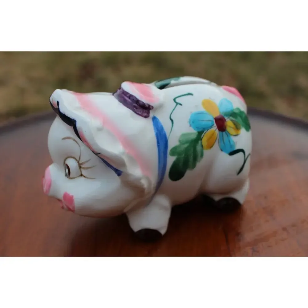 Vintage Ceramic Piggy Bank Hand Decorated Smiling Pig Drain Plug Nursery Decor